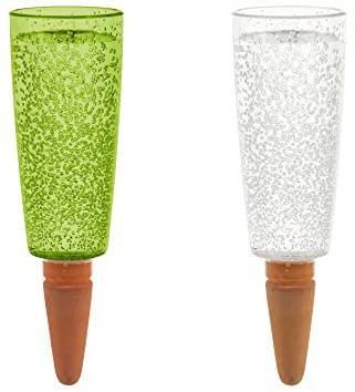 Scheurich Wasserspender Copa XL | 2er Set Grün/Transparent | 500 ml Füllmenge | Bewässerungskugel klein mit Ton Fuß | Wasserspender Pflanzen und Blumen Terrakotta Stiel
