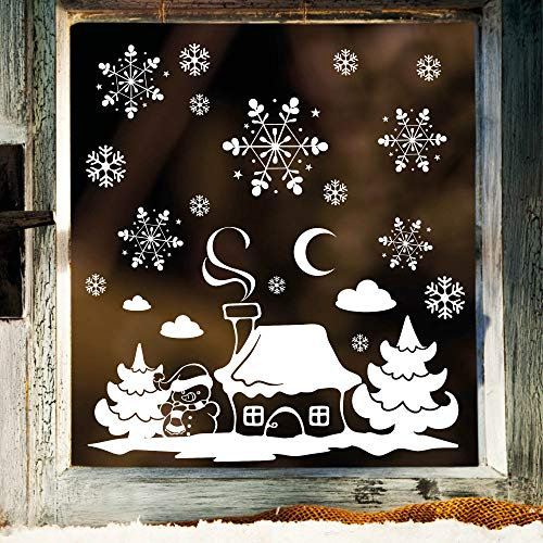 Wandtattoo Loft Fensterbilder Weihnachten mit Haus & Schneeflocken – Wiederverwendbar – 20 x 40 cm Bogen, 18 Sticker – Weihnachstdeko Fenster Kinderzimmer, Weihnachtsbilder Fenster, Fensterbild Winter