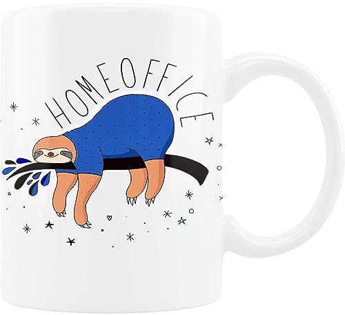 TassenSachen Divertida taza de café con diseño de perezoso en casa en pijama, taza de té de cerámica en blanco, aprox. 330 ml, apta para lavavajillas, para la oficina en casa y como regalo