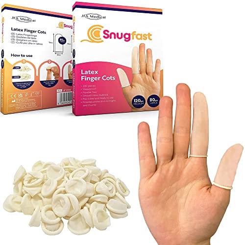 Snugfast Latex Finger Cots 2 Sizes, Medium and Large - Pack of 200 - Keep dressings Dry and Clean