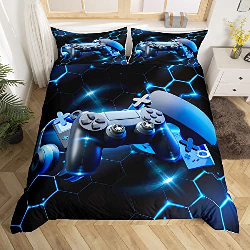 Loussiesd Gamer Bettwäsche Set Kinder Jungen Gaming Bettwäsche 155x220cm Mädchen Blau Videospiel Controller Bettbezug Atmungsaktiv Hexagon Gamepad Aktionstasten Bettbezug Set