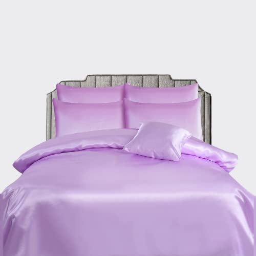 CHARKHAH Satin Silk 6 Piece Complete Bedding Set Durable Silky Fabric with Single Double King Size Bed Fitted Sheet Duvet Cover Comforter and 4 Pillow Cases (King, Lilac)