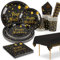 Assiette Jetable Anniversaire Noir et Or - Vaisselle pour 16 Invités avec Gobelet, Serviette, Nappe - Décoration Homme Garçon