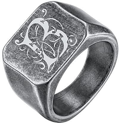 GoldChic Personalisierter Herren Siegelring mit Buchstaben Gravur Unisex Quadrat Band Ring Edelstahl Punk Style Rolex Ring Vintage Grau Herren Biker Ring Ringgröße 59.5(18.9)