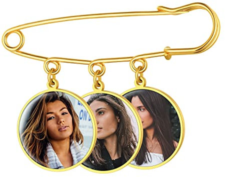 Charme Bouquet de Mariage Or Plaque avec Photo Personnalisé 3 Broche Pin Rond pour Mariée Breloque Médaillon Personnalisable Commémorative Bijoux pour Homme Costume Charms a Epingle Acier
