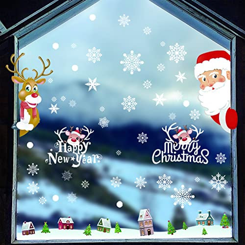 TSQZE Fensterbilder Weihnachten Selbstklebend 8 Blätter/180 Sticker, Doppelseitiges Abnehmbare Fensterdeko Statisch Haftende PVC Aufkleber, Weihnachtsmann Elch Schneeflocken Aufkleber Für Weihnachten