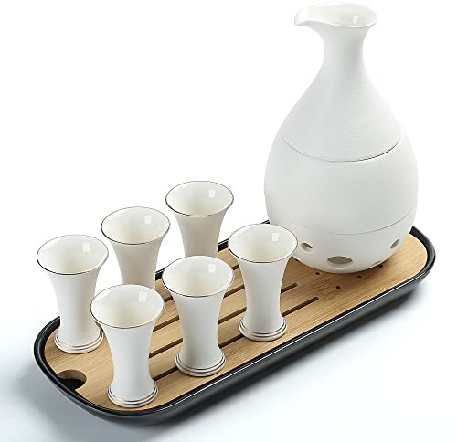 TEANAGOO Jarra tradicional japonesa para sake (170 ml) con 6 vasos de sake (25 m) para vino de arroz o soju caliente o frío con bandeja de Bambo 10 piezas/set, T6, caja de Krafbox regular
