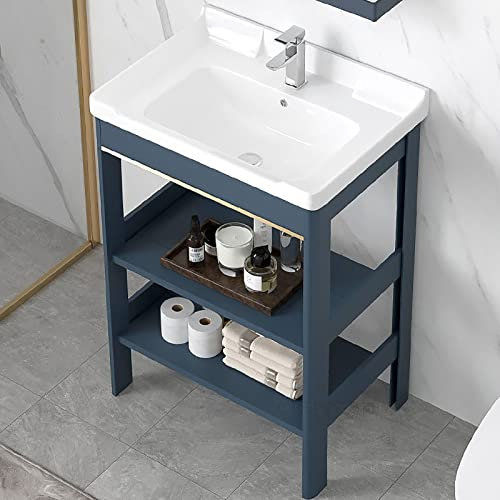 Évier de Console en Céramique Autoportant, Meuble de Rangement pour Éviers Sur Pied ou Support de Rangement Double et Kit de Vidange, Meuble-lavabo de Salle de Bain pour Évier, pour Buanderie, Salle d