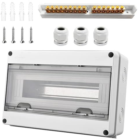 Sicherungskasten Aufputz, Verteiler IP65-1 Reihig-15 Module, Mit 9 Terminals 3 Steckverbinder, Geeignet für Gärten im Freien, Bauernhöfe, Ladesäulen, Feuchtraum (15 Module)