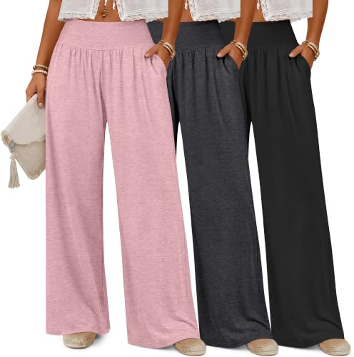 Neer Confezione da 3 Pantaloni da Yoga da Donna a Gamba Larga Pantaloni da Casa con Tasche Pantaloni da Jogging Larghi
