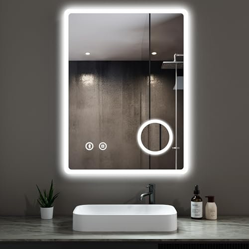Heilmetz Bathroom Mirror with LED Lights, 500 x 700mm Illuminated Bathrooms Mirror with Bluetooth, Demister, Shaver Socket and 3x Magnification, Vertical