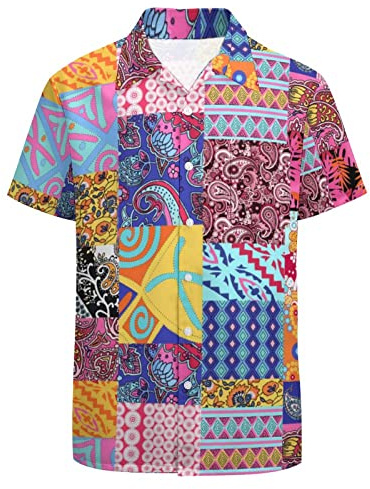 LARSD Chemise Homme Années 70 - Motif Cachemire - Vintage Floral - Boutons - Style Hippie Disco, Rose, Taille 4XL