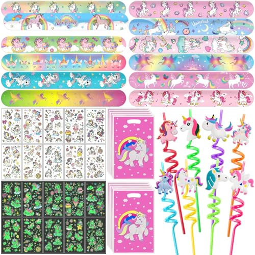 40 Stück Einhorn Party Mitgebsel,Einhorn Kindergeburtstag Set mit 8 Einhorn Strohhalme,12 Schnapparmband,10 Geschenktüten und 10 Tattoos Kinder,Einhorn Kindergeburtstag Geschenke,Einhorn Gastgeschenke