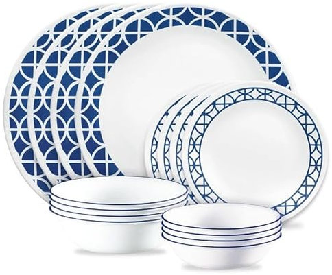 Corelle® Cobalt Circles - Juego de vajilla sin taza de 16 piezas, servicio de 4