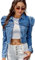AIEOE Ladies Denim Jacket Puff Sleeve Ripped Vintage Jean Jackets Dark Blue Women's Short Denim Jackets for Spring Summer Autumn L