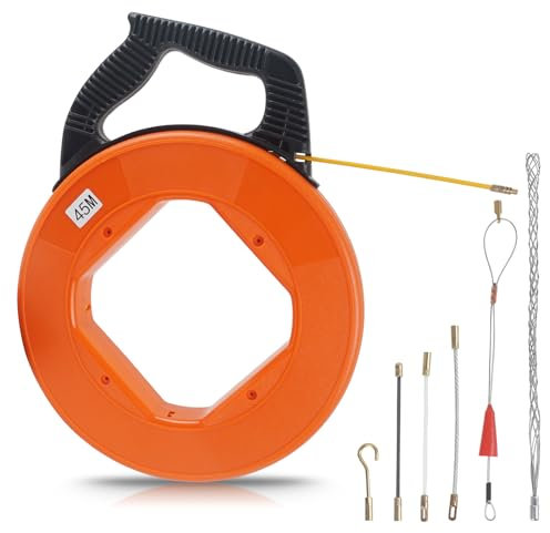 Kabeleinziehhilfe Einziehfeder 45M, Kommt mit 6 Adaptern für Zugdraht Leerrohre zum Einziehen von Kabeln, Einziehspirale Kabelziehhilfe mit Kunststoffgehäuse und Griff für Elektroarbeiten