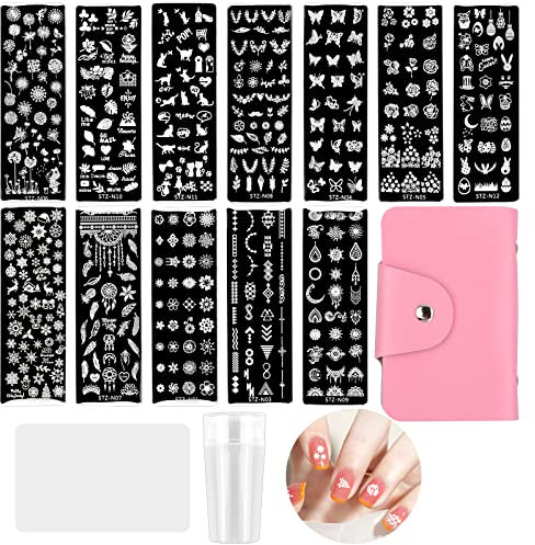 Granvoo 12 Pcs DIY Schaber Nagel Art Set, Stamping Schablonen Platte, Stempel Schablone Mit Transparent Stempel, für Maniküre