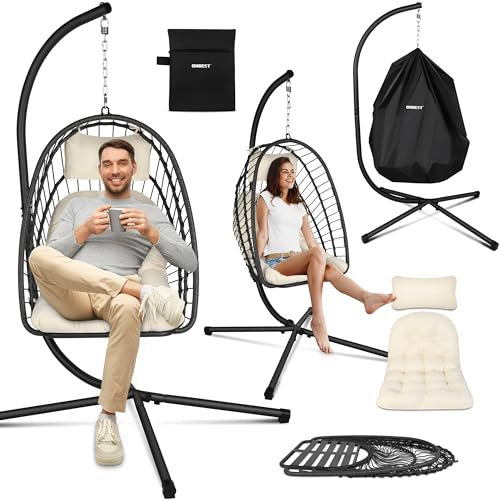 ONBEST Hängesessel mit Gestell - Hängestuhl höhenverstellbar & faltbar – Schaukel inkl. bequemen Kissen – Polyrattan Korbsessel für Outdoor & Indoor mit Schutzhülle – für Erwachsene (Beige)