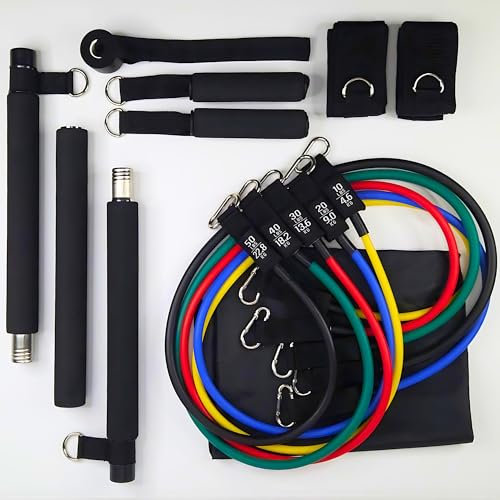 Dyme Workout - Kit Elastiques de Musculation - Pack Fitness complet 14 pcs, 5 Bandes de résistance ajustable entre 5 à 68 kg - Barre pour élastique,Poignées, Ancrage de porte I Marque française