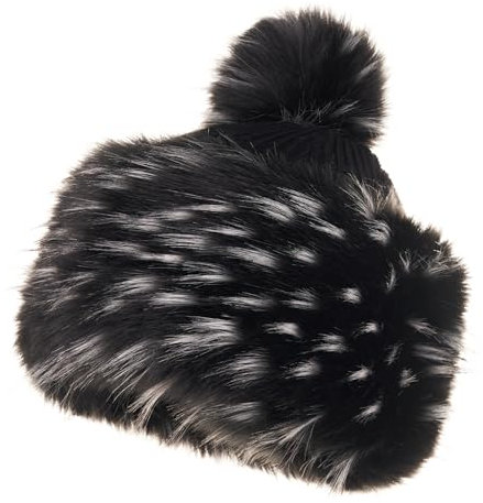 Futrzane Classic Bommel Mütze - Fellmütze Damen - Russen Wintermütze aus Pelz (S, Schwarz mit Weiß Classic)