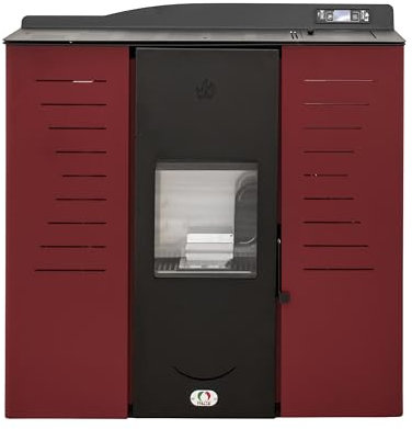 STUFE A PELLET ITALIA Italia 25 KW - Stufa a Pellet Idro per Riscaldamento e Acqua Calda Efficienza 90% Scalda 180m² Design Slim Autonomia 16H Programmabile 5 Potenze Garanzia 24 Mesi Rosso