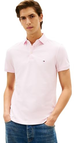 Tommy Hilfiger Polo à Manches Courtes pour Homme en Coton piqué Stretch et Bio Coupe ajustée, Rose Clair, Taille L