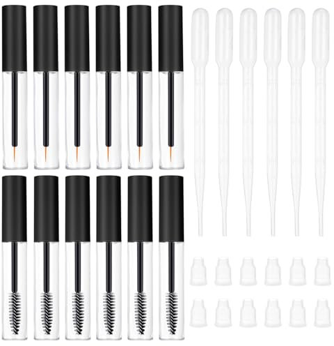 CHENYU 12 Stück Leere Mascara Tube 10ml Wimpernbürste mit Behälter Eyeliner Behälterrohr + 6 Stück Strohhalme Nachfüllbare Röhre Rizinusöl Wimpern mit Anti Leck Stecker Telescopic Mascara