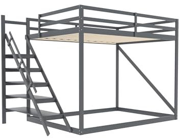 Hochbett 140x200cm aus Massivholz mit Sicherheitsleiter und Lattenrost, Grau