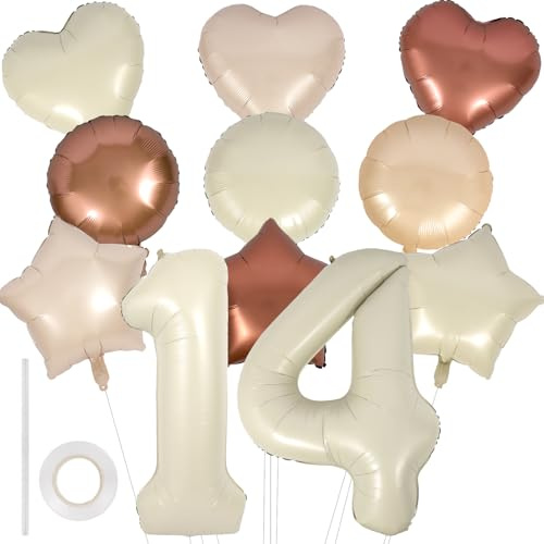 Neutral Beige 14th Birthday Balloons Decorations 14 Balloons | 14th Birthday Decorations, Cream Heart Star Round Foil, Includes Straw And Ribbon, For Girls Birthday Anniversary Party