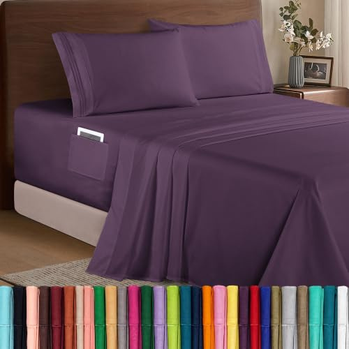 Elegant Comfort Luxury 1500 Microfibre Hotel Quality 4 Piece Sheet Set Soft Stretchy 18-24 Inch Deep Fitted Sheet Set - California King - Aubergine Purple