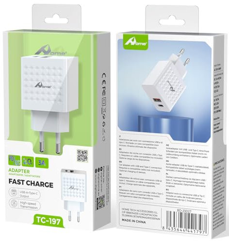 Cargador USB C, HOME 2 Puertos 20W Adaptador de Corriente USBC + Conector USBA para Cable de Carga, QC 3.0 + PD 3.0 Adaptador de Carga Rápida USB C para iPhone 16 15 14 13 12 11 SE, Samsung, iPad