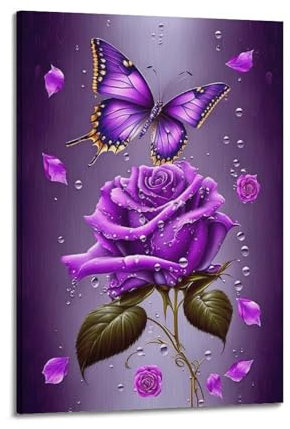 Kunstpflanzen-Poster, minimalistisches Poster für Schlafzimmer, lila Rosen und Schmetterlinge, Marvel-Poster, dekorative Malerei, Leinwand, Wandposter für Schlafzimmer, Dekoration und Kunstdruck,