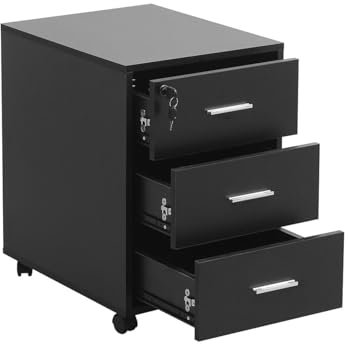 Homullel Under Desk Pedestal Lockable 3-Drawer Office Storage Unit, Mobile File Cabinet for Home Office (MDF, Black)