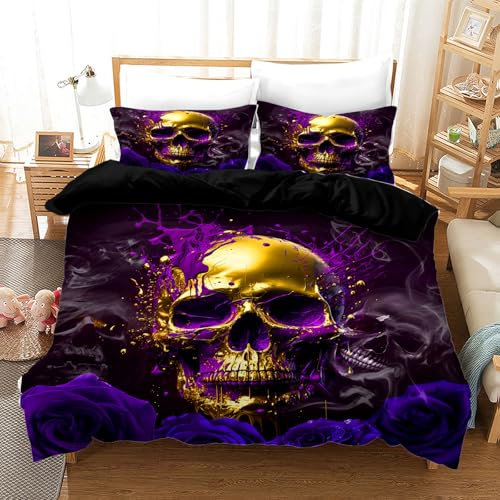 UGZDEA Totenkopf Bettwäsche Set 200x200cm, Gothic Schwarz Skull Motiv Print Bettbezug Set, Halloween Microfaser Bettwäsche Set Mit Reißverschluss (Totenkopf-2, 200x200cm)