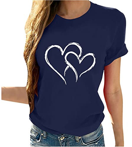 NSICBMNO Blue Short Sleeve T Shirts Heart T Shirts Valentines Day Shirt Round Neck Tshirts Sports Tops Oversized Shirt Gym Tops Summer Valentines Gifts for Her