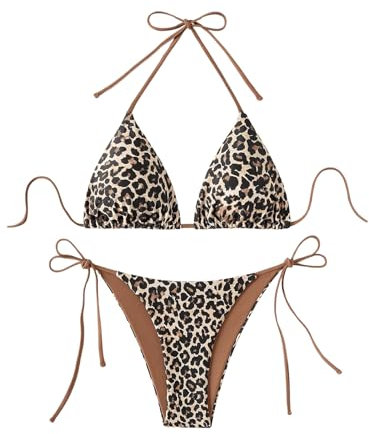GORGLITTER Damen Leopard Bikini Set Sexy Tanga Triangel Bikini Sommer Strand Bademode Swimsuit Leo L