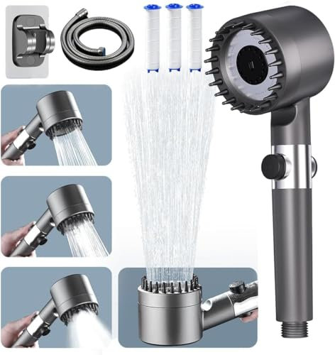 Duschkopf mit Filter und Schlauch, Duschkopf Wassersparend mit Filter, Duschbrause mit Schlauch 1,5M, Handbrause 4 Strahlarten Duschkopf für Hartes Wasser, Filter Shower Head, Grau