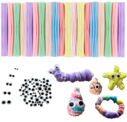 Abschlussverkauf-Chenille Stems DIY Set - Blumenbastelset Clearance-Pfeifenputzer zum Basteln 450 Stück 300 Pfeifenreiniger 150 Selbstklebende Wackelaugen,Macaron Chenilledraht Pipe Cleaner