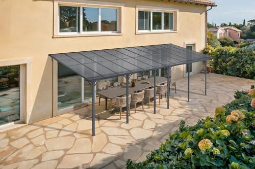 Cazeboo Carport Abri Voiture Toit Terrasse KLEO – 24 m² 8x3 m Aluminium Gris Anthracite Polycarbonate Anti-UV – Pergola adossée Robuste Anti-Rouille – Protection Pluie Neige Soleil – 748 x 300 cm