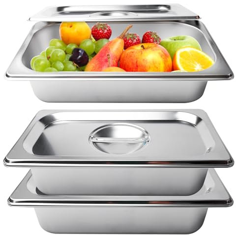 PORFOYO Bac Gastro Inox, Set de 3 Bacs Gastronomiques Inox avec Couvercles, Plat Inox avec Couvercle, Plat Inox 32,5x17,6x6,5cm GN 1/3 pour Panure, Cuisine Pro, Service