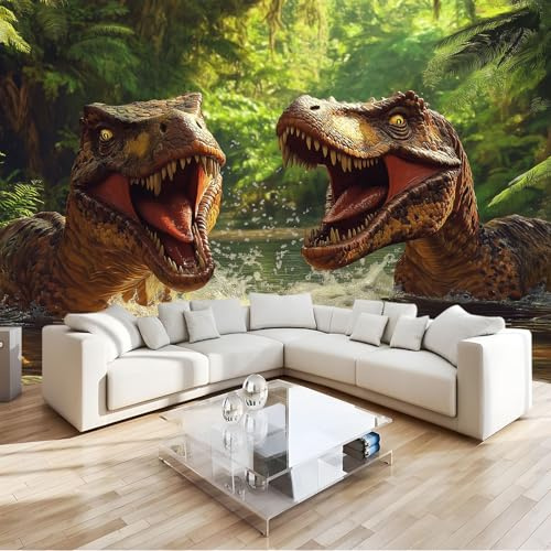 Générique Papier Peint Intissé 3D Dinosaure Forestier Préhistorique, Vert Panoramique Fresque Murale 250x175 cm Pour Salon & Chambre Fond Tv Décoration - (Facile À Poser)