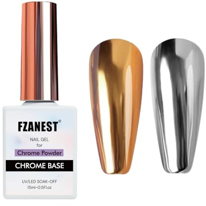 FZANEST Chrome Base Gel for Nail Powder, 15ml No Wipe Clear Chrome Nail Bond Gel Polish High Gloss Mirror Shine Long Lasting Easy Application Soak off
