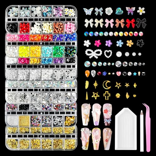Wosyoodo 6 Boxen Bedazzler Kit, 3D Nagel Charms, Strasssteine für Nägel, Bogen Nail Art Dekoration, Kaviar Perlen für Nägel Kunst, Professionelles Nail Art Zubehör für DIY-Maniküre