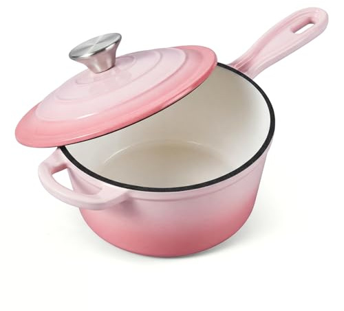 Onader Cast Iron Sauce Pan Pot, 2QT Small Saucepan with Lid, Enameled Cast Iron Dutch Oven Cooking Kitchen Pot – Pink