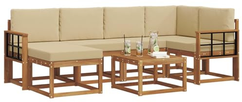 vidaXL Outdoor-Sofagarnitur mit Kissen 7 pcs Natur und Beige, Garten, modern, langlebiges Outdoor-ecksofa-Set, Patio-Lounge-möbel, terrasse-innenwohnen-Komfort