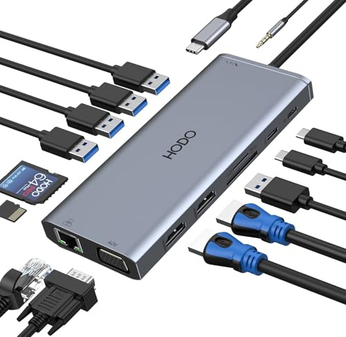 HODO Dockingstation Laptop 2 Monitore, Docking Station USB C Triple Display | 14 in 1 USBC Hub, 2 HDMI, VGA, Ethernet, USB-C, 5 USB, 100W PD, SD/Micro SD, 3.5mm Audio, für Dell/HP/Lenovo