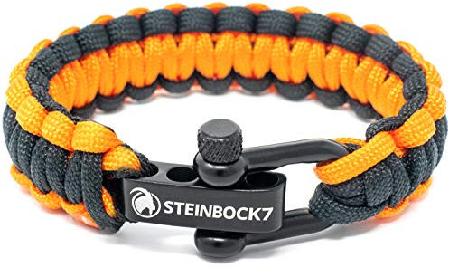 Steinbock7 ® Paracord Bracelet survie Fermoir en acier inoxydable réglable, avec instructions pour le tressage (français non garanti), Orange/noir, 23 cm