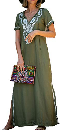 YouKD Summer Embroidered Floral Loose Caftan Boho Beach Bikini Cover Up Dress Plus Size Robe for Women