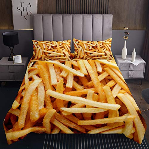 Homewish Französische Pommes Deckenset Set Gebratenes Essen Bettdecke für Junk-Food-Liebhaber Golden Potato Chips Bettwäsche Set Fast Food Print Quilt mit 1 Kissenbezug 170×210 Zimmer Dekor