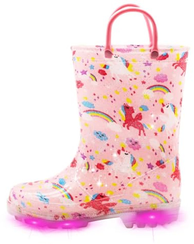 EUXTERPA Stivaletti di Gomma per Bambini con Luci Lampeggianti e Glitter, Impermeabili con Maniglia Facile da Indossare, Stivaletti da Pioggia per Bambini Taglia 4-13 UK, Unicorno rosa , 24 EU